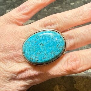 Sterling Silver 925 Large Polished Oval Turquoise Statement Cocktail Ring
